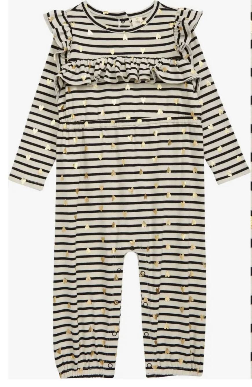 NWT Tucker + Tate Ivory Stripe Foil Heart Ruffle Romper Baby Girls' Size 24M